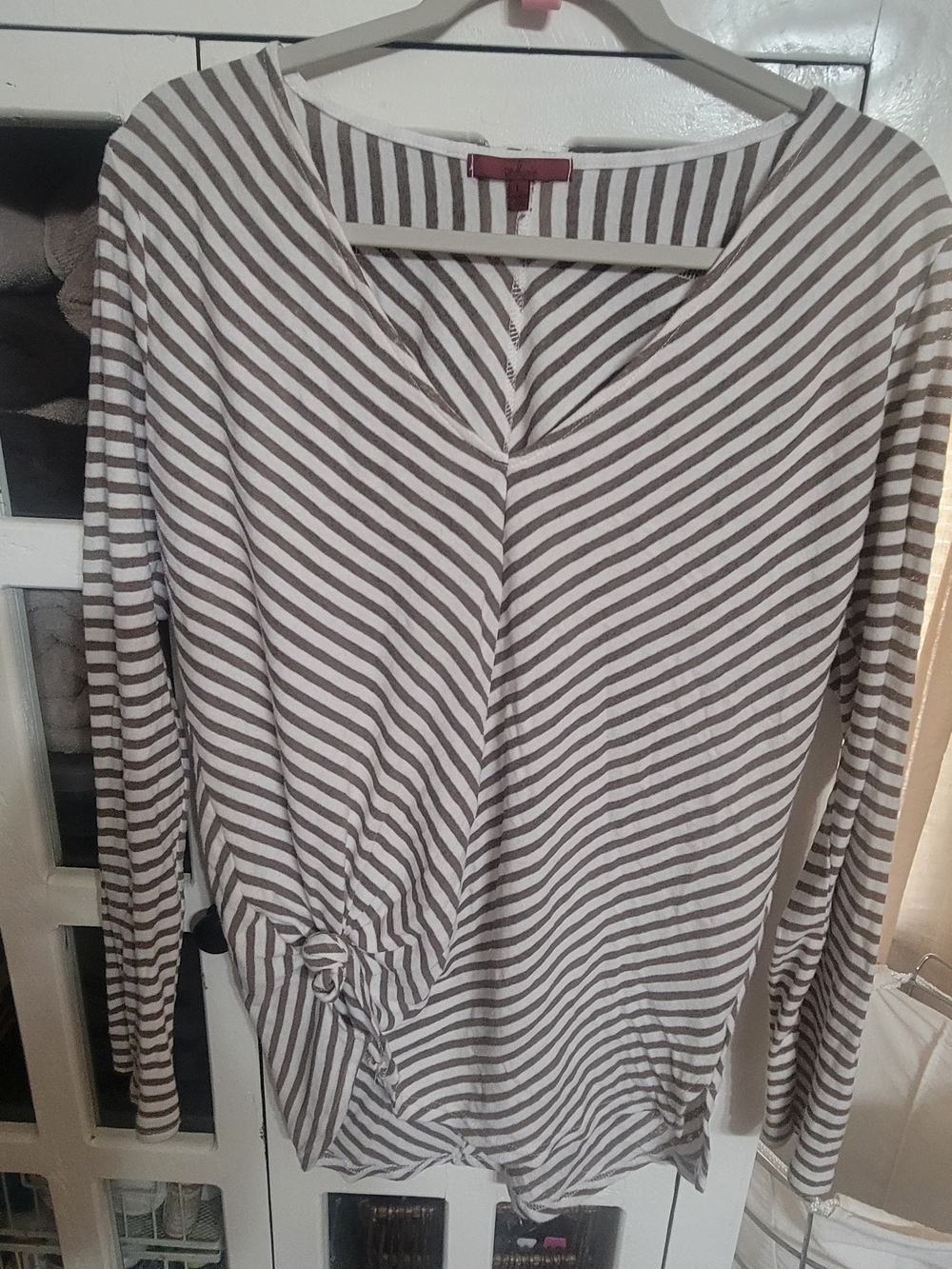 BKE Brown and White Striped Long Sleeve Knot Front Top